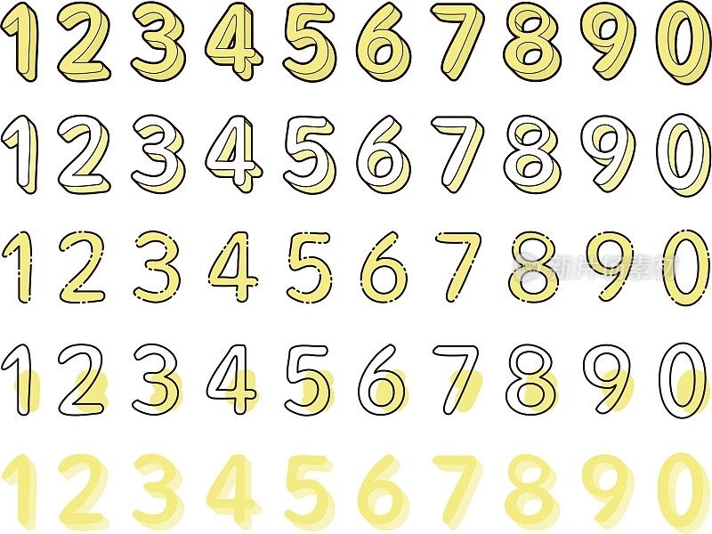 一组从0到9的黄色数字绘制在不同的风格/插图材料(矢量插图)
